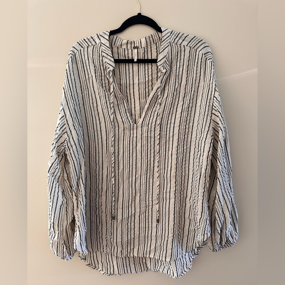 Free People Black and White Boxy Blouse with Mandarin Collar